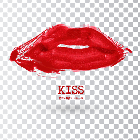 Painted Red Lips on transparent . Abstract design. Grunge love element. Usable banner, cards, posters, label, logo, badge. Wallpaper with empty space for your text. Vector illustrationのイラスト素材