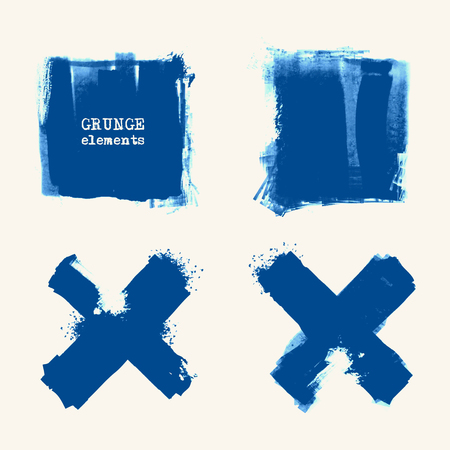 Vector set of blue brush strokes. Grunge isolated elements. Smoke brushes for your design. Freehand. Watercolor splash. Acrylic stamp. Vector illustrationのイラスト素材