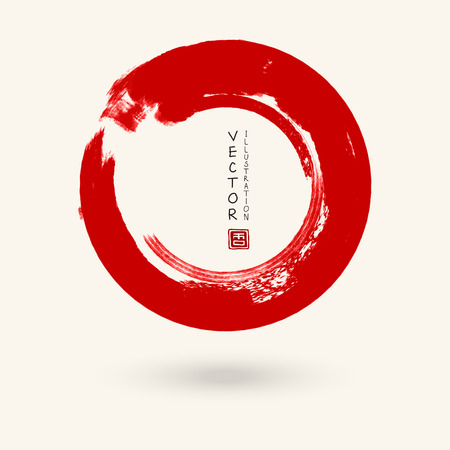 Red ink round stroke on white background. Japanese style. Vector illustration of grunge circle stainsのイラスト素材