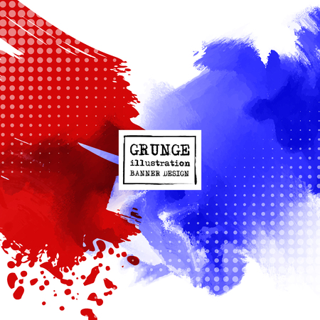 Red and blue abstract background with ink splats. Japanese style composition. Aggressive futuristic dynamic background for wallpaper, interior, flyer cover, poster, banner, booklet.のイラスト素材
