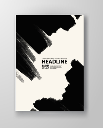 Black abstract design. Ink paint on brochure, Monochrome element isolated on white. Grunge banner paints. Simple composition. Liquid ink. Background for banner, card, poster, identity,web design.のイラスト素材
