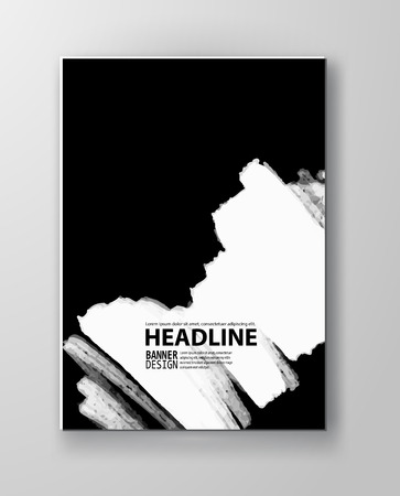 Black abstract design. Ink paint on brochure, Monochrome element isolated on white. Grunge banner paints. Simple composition. Liquid ink. Background for banner, card, poster, identity,web design.のイラスト素材