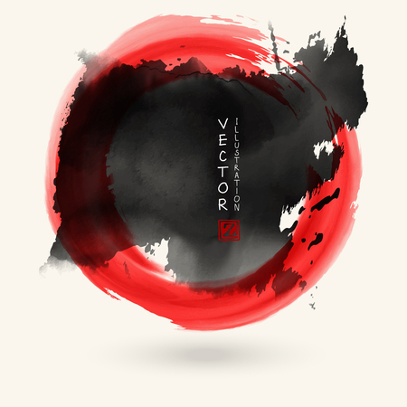 Black and red ink round stroke on white background. Japanese style. Vector illustration of grunge circle stainsのイラスト素材