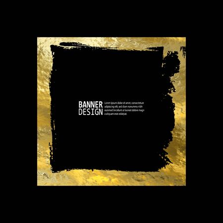 Square golden frame on a black background. Luxury vintage border, Label, logo design element. Hand drawn vector Illustration. Abstract gold brushのイラスト素材