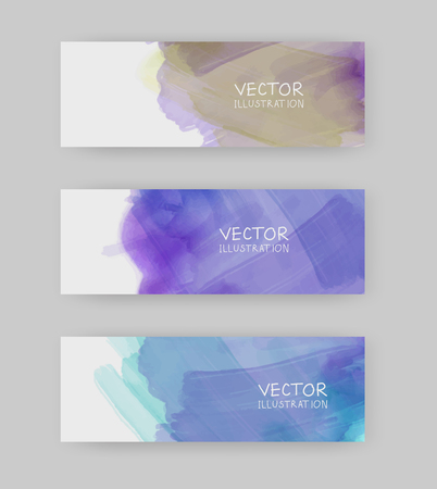 Vector blue, purple banner shapes collection isolated on white background. Hand drawn abstract paint brush strokes set. Watercolor elements.のイラスト素材