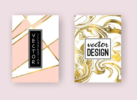Poster, banner, cards design with gold marble texture and geometric pattern vector design template setのイラスト素材