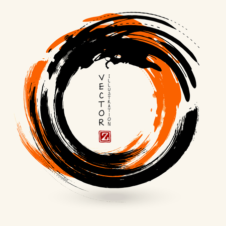 Black and orange ink round stroke on white background. Japanese style. Vector illustration of grunge circle stainsのイラスト素材