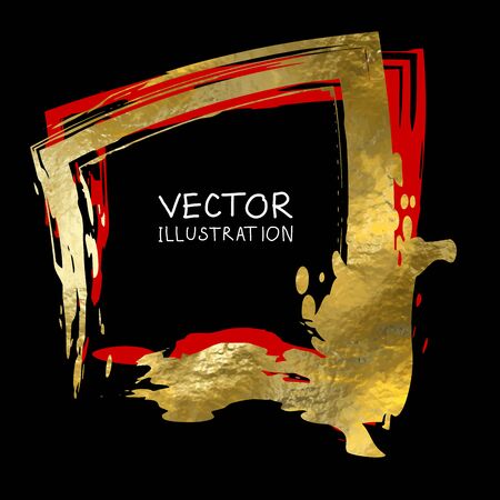 Square golden frame on a black background. Luxury vintage border, Label,  design element. Hand drawn vector Illustration. Abstract gold brushのイラスト素材