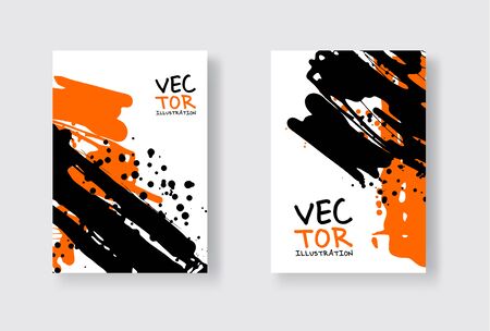 Black and orange abstract design set. Ink paint on brochure, Monochrome element isolated on white. Grunge banner paints. Simple composition. Liquid ink. Background for banner, card, poster, identity,web design.のイラスト素材