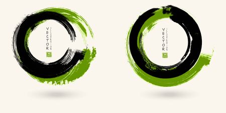 Black and color ink round stroke on white background. Japanese style. Vector illustration of grunge circle stainsのイラスト素材