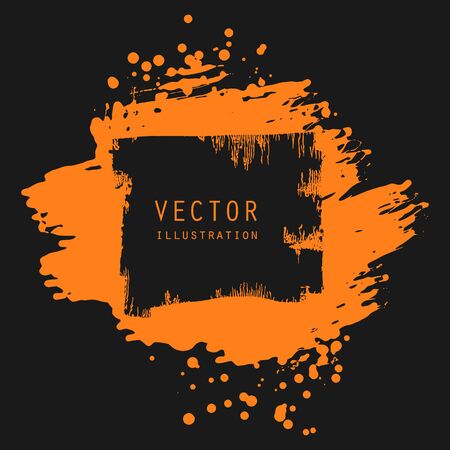 vector splats splashes and blobs of orange ink paint in different shapes drips isolated on blackのイラスト素材