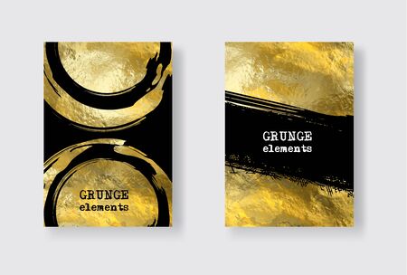 Vector Black and Gold Design Templates set for Brochures, Flyers, Mobile Technologies, Applications, Online Services, Typographic Emblems,  Banners and Infographic. Golden Abstract Background.のイラスト素材