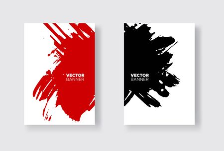 Black and red abstract design set. Ink paint on brochure, Monochrome element isolated on white. Grunge banner paints. Simple composition. Liquid ink. Background for banner, card, poster, identity,web design.のイラスト素材