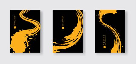 Yellow ink brush stroke on black background. Japanese style. Vector illustration of grunge wave stains.Vector brushes illustration.のイラスト素材