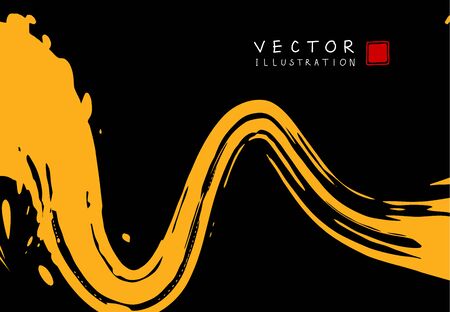 Abstract ink background. Chinese japanese calligraphy art style, yellow paint stroke texture on black paper. Design for poster, card, banner, book, cover, brochure and web design. Vector illustration.のイラスト素材