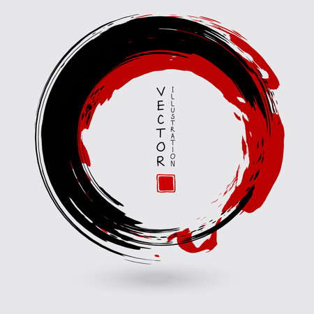 Black and red ink round stroke on white background. Japanese style. Vector illustration of grunge circle stainsのイラスト素材