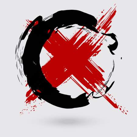 Black and red ink round cross stroke on white background. Japanese style. Vector illustration of...
