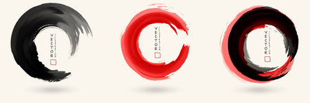 Black and red ink round stroke on white background set. Japanese style. Abstract vector illustration of grunge circle stainsのイラスト素材