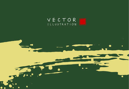 Abstract ink background. Chinese japanese calligraphy art style, yellow paint stroke texture on green paper. Design for poster, card, banner, book, cover, brochure and web design. Vector illustration.のイラスト素材