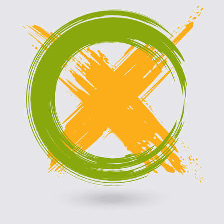 Green and yellow ink round cross stroke on white background. Japanese style. Vector illustration of grunge circle stainsのイラスト素材