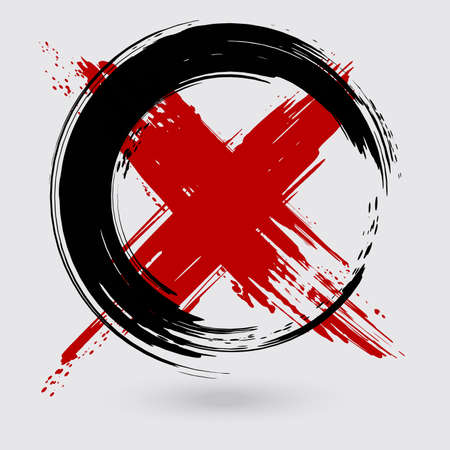 Black and red ink round cross stroke on white background. Japanese style. Vector illustration of grunge circle stainsのイラスト素材
