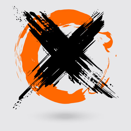 Black and orange ink round cross stroke on white background. Japanese style. Vector illustration of grunge circle stainsのイラスト素材