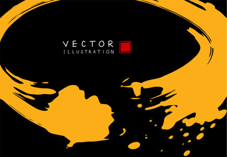 Abstract ink background. Chinese japanese calligraphy art style, yellow paint stroke texture on black paper. Design for poster, card, banner, book, cover, brochure and web design. Vector illustration.のイラスト素材