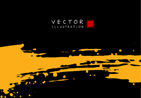 Abstract ink background. Chinese japanese calligraphy art style, yellow paint stroke texture on black paper. Design for poster, card, banner, book, cover, brochure and web design. Vector illustration.のイラスト素材