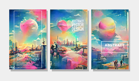 Modern hipster futuristic paint in pop art style. Modern abstract color backdrop. Contemporary art. Trendy liquid design. Brochure background. Vintage template. Vector set.のイラスト素材