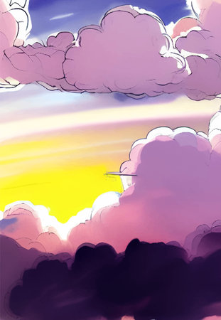 Abstract pattern with purple cartoon sky clouds painted on soft colorful background. Abstract sky background. Abstract colorful background. Natural summer landscape.のイラスト素材