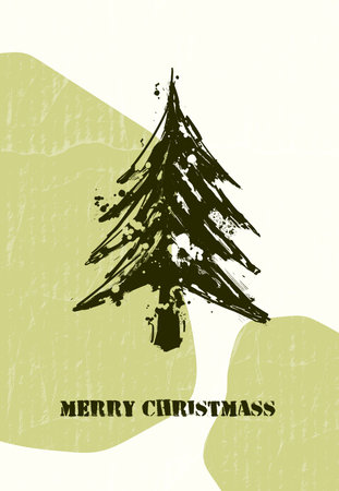 Hand sketch grunge Christmas tree on khaki background. Vector christmas illustrationのイラスト素材
