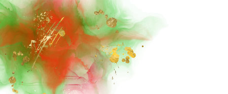 Luxury red, green, gold abstract background of marble liquid ink art painting on paper. Original artwork watercolor alcohol ink paint. Vector illustration.のイラスト素材