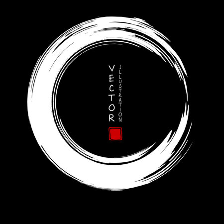 White ink round stroke on black background. Japanese style. Vector illustration of grunge circle stainsのイラスト素材