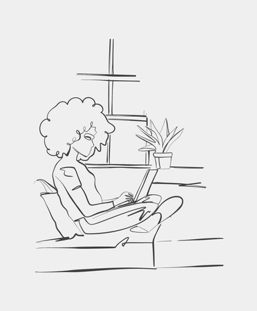 Line art of a woman sitting comfortably while working on a laptop, symbolizing remote work, freelancing, or casual online activity.のイラスト素材