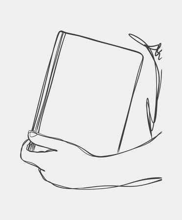 Simple line art illustration of a hand holding a closed book, representing reading, education, and knowledge in a minimalist style.のイラスト素材