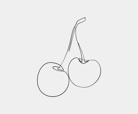 A simple, minimalist line drawing of two cherries, depicting elegance and modern art in a continuous, fluid outline style.のイラスト素材
