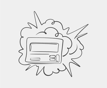 A minimalist line drawing of an old-school pager surrounded by an explosive burst, symbolizing communication impact or nostalgia.のイラスト素材