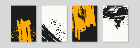 Set of abstract paint splash compositions with bold yellow and black brush strokes, designed as modern vector posters or backgrounds.のイラスト素材