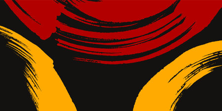 Vector illustration of bold yellow and red ink brush strokes forming dynamic circular shapes on black background.のイラスト素材