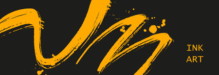 Abstract Yellow ink brush strokes in vector style on black background, expressive minimal art for design, posters, branding, and modern layouts.のイラスト素材