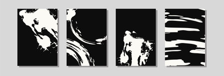 Set of abstract paint splash compositions with bold black and white brush strokes, designed as modern vector posters or backgrounds.のイラスト素材