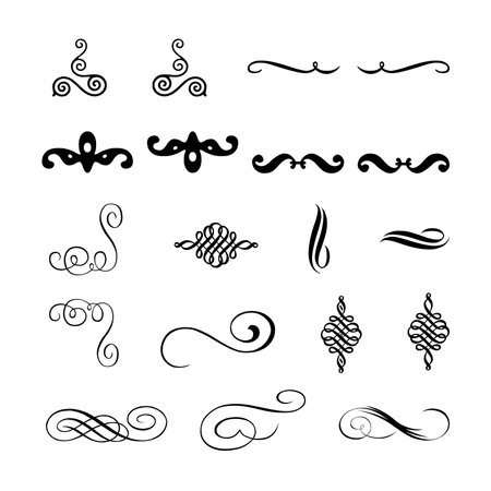 Calligraphic Vintage Vector Design Elements and Page Decorations. Set of Hand Drawn Swirls.のイラスト素材