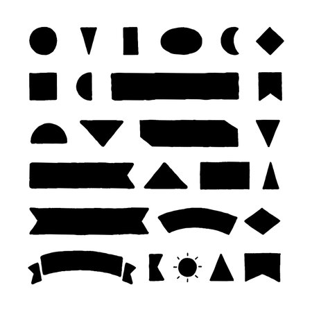 Set of Different Types Doodle Solid Shapes Include Ribbons, Frames, Borders, Triangles, Squares, and Sun. Vector Illustration Element Set.のイラスト素材