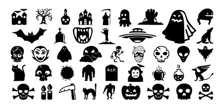 Set of silhouettes of Halloween on a white background vector illustration.のイラスト素材