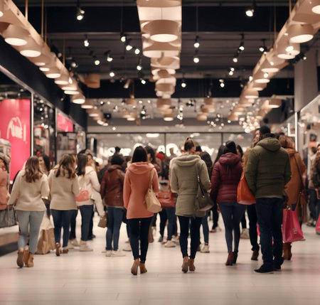 Blurred image of people walking in shopping mall. Blurred backgroundの素材
