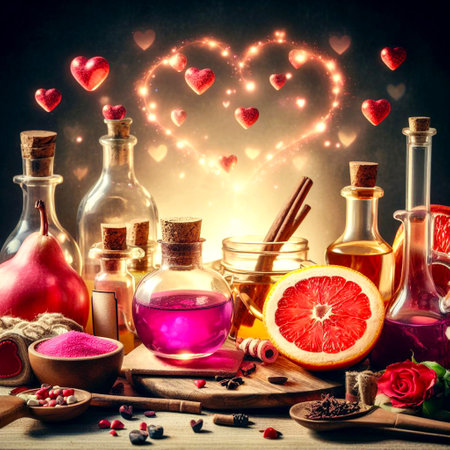 Spa still life with bottles of essential oils, herbs, spices and hearts on dark backgroundの素材