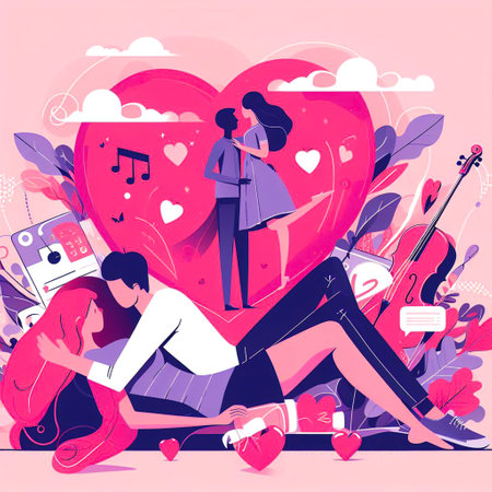 Romantic couple in love. Vector illustration in flat cartoon style.の素材
