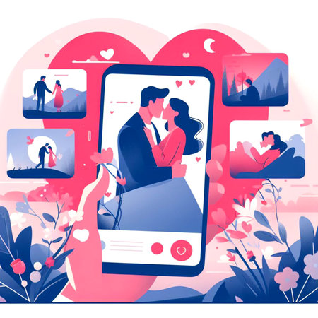 Vector illustration of a couple in love on the screen of a smartphoneの素材