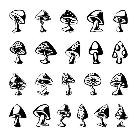 Set of different mushroom icon silhouettes isolated on a white background Vector illustration.のイラスト素材