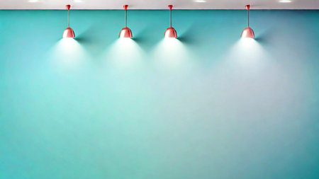 Lighting in the interior of a cafe with a blue wall.の素材